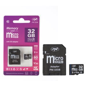 MicroSD PNI 32GB mälukaart SD-adapteriga, klass 10, 80 Mb/s, V30