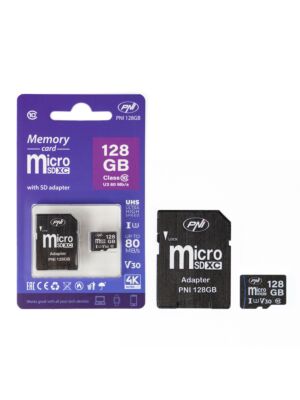 MicroSD PNI 128GB mälukaart SD-adapteriga, klass 10, 80 Mb/s, V30