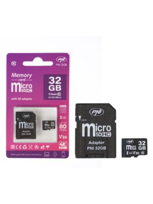 MicroSD PNI 32GB mälukaart SD-adapteriga, klass 10, 80 Mb/s, V30